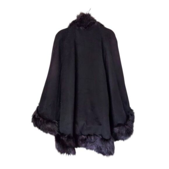 NWT Jessica London BLK Faux Fur Trim Wool Blend Cape Coat Plus Sz 26/28 Classic - Picture 4 of 11